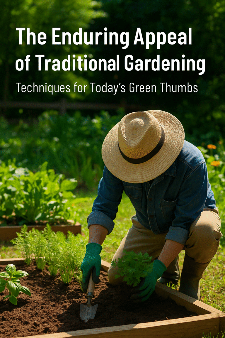 A gardener wearing a straw hat and green gloves kneels in a raised garden bed, planting herbs and vegetables under sunlight. Overlaid text reads: “The Enduring Appeal of Traditional Gardening – Techniques for Today’s Green Thumbs.”