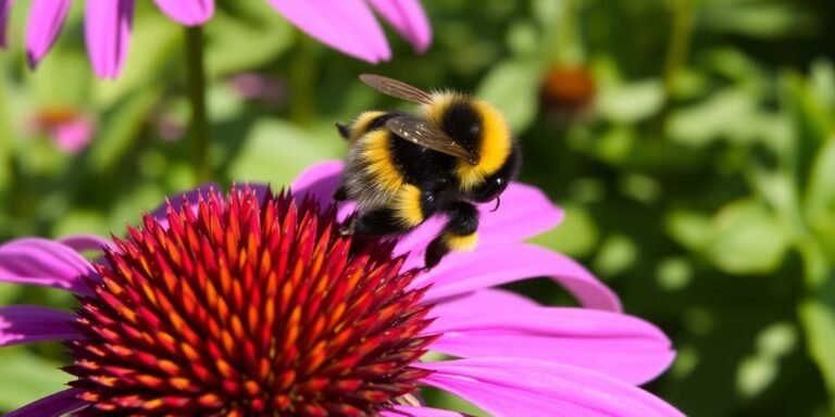 Bumblebee on purple flower, green garden background
