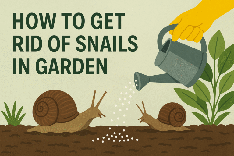 A digital illustration showing two brown garden snails crawling on soil, while a yellow-gloved hand pours white pellets from a gray watering can. Green plants are in the background, and bold text on the left reads "HOW TO GET RID OF SNAILS IN GARDEN" against a light green backdrop.