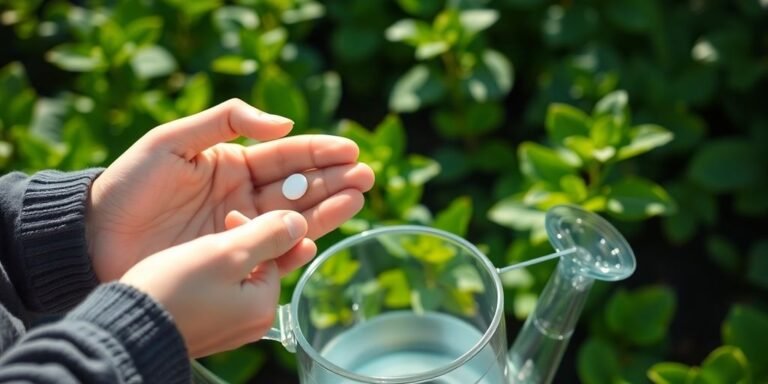 Gardener dissolving aspirin in watering can near lush plants.