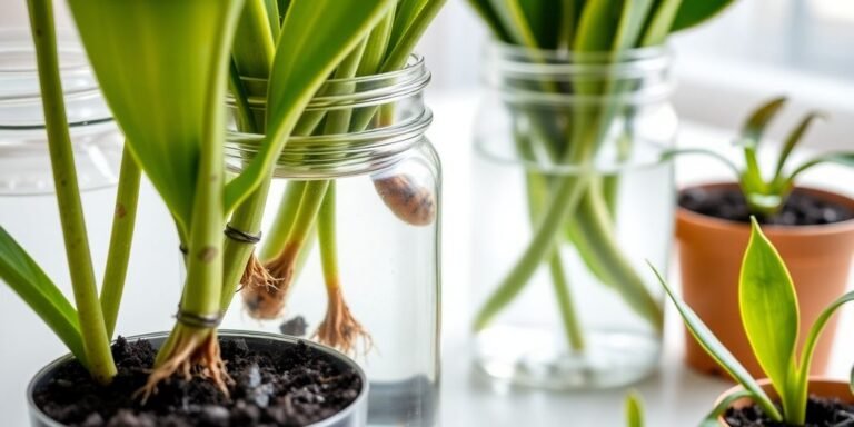 Snake plant cuttings propagating in water and soil.
